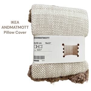 IKEA ANDMATMOTT Natural Herringbone Pillow Cover with Pompoms